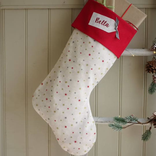 Personalised Christmas Stocking - Red And Cream Stars Personalised Christmas stockings and decorations