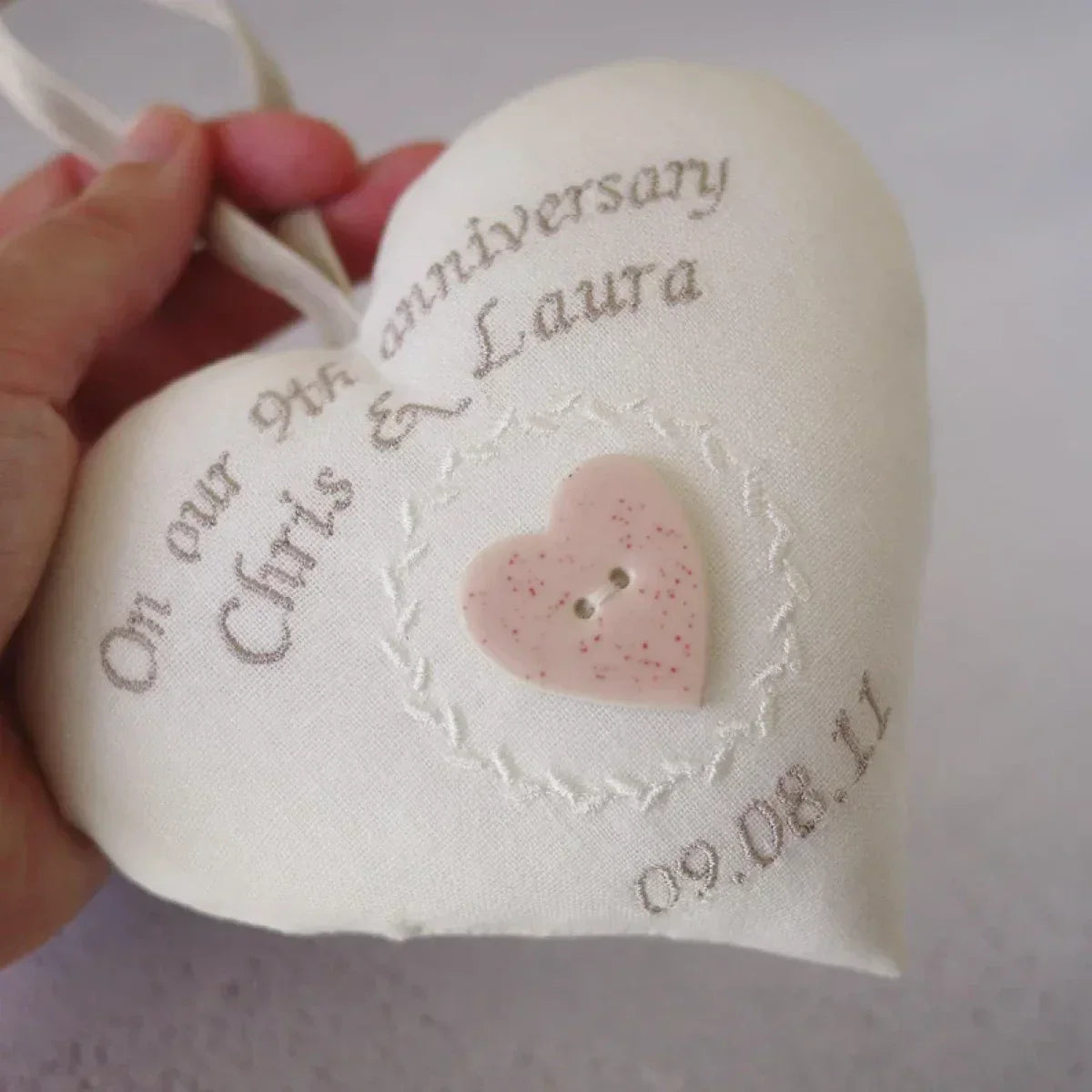 Personalised 9th Anniversary Embroidered Gift Hearts