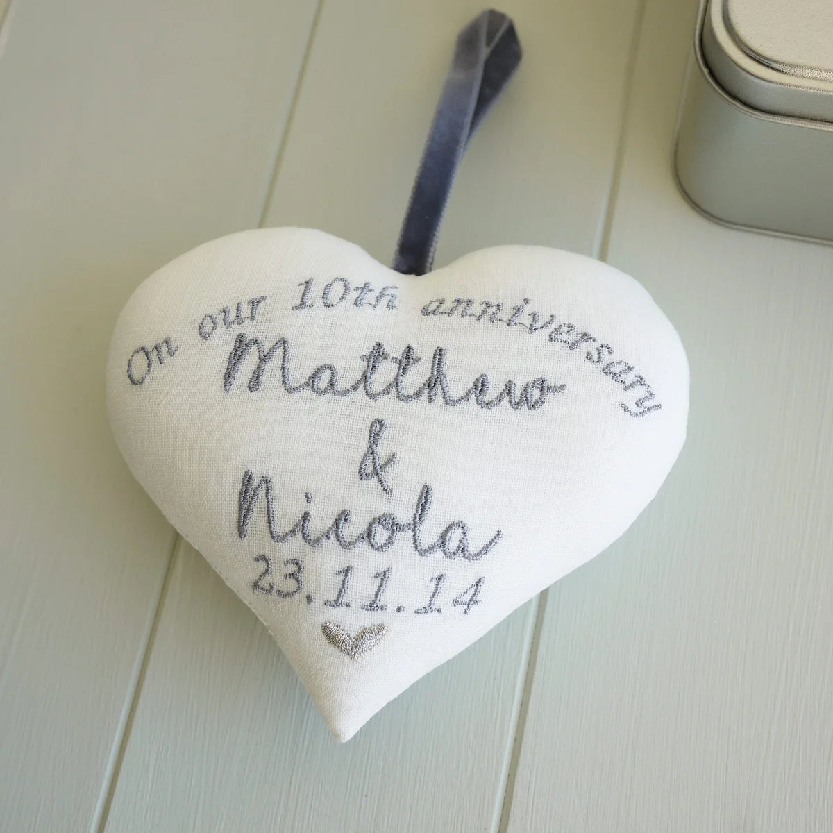 10th Tin Wedding Anniversary Embroidered Heart Set