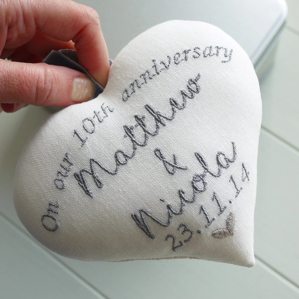 10th Tin Wedding Anniversary Embroidered Heart Set