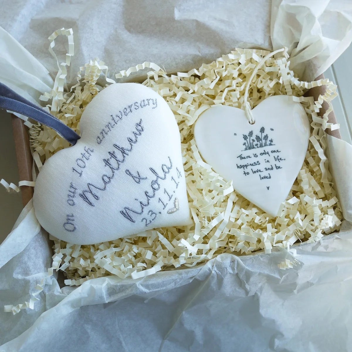 10th Tin Wedding Anniversary Embroidered Heart Set