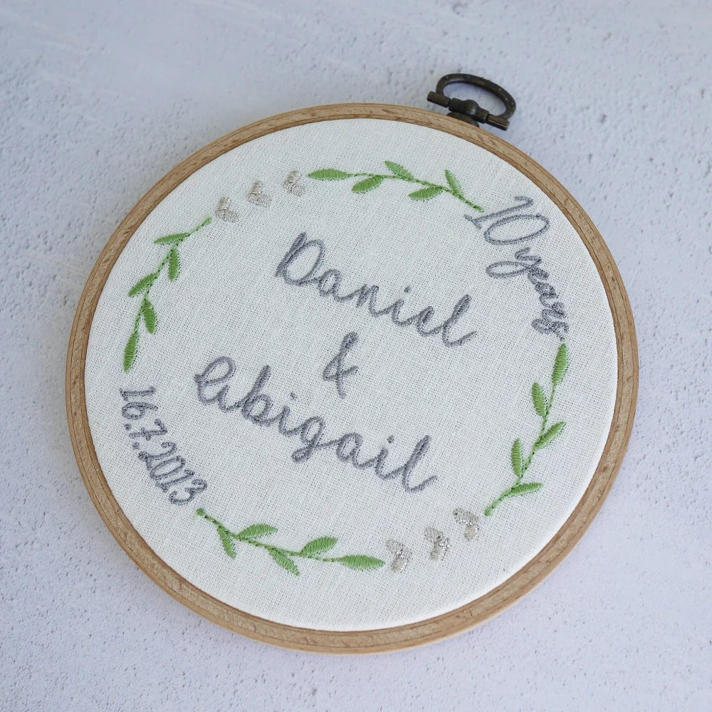 10th Wedding Anniversary Embroidered Hoop