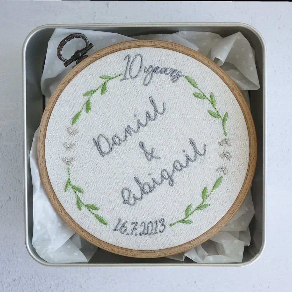 10th Wedding Anniversary Embroidered Hoop