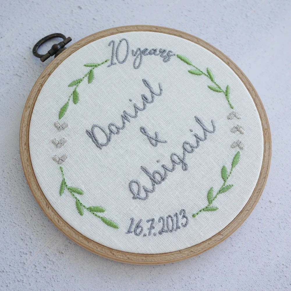 10th Wedding Anniversary Embroidered Hoop