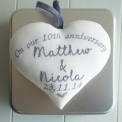 10th Wedding Anniversary Personalised Embroidered Gift Heart 10th Wedding Anniversary Gifts