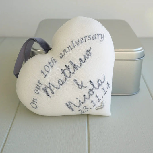 10th Wedding Anniversary Personalised Embroidered Heart with Names and Date