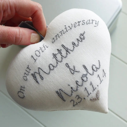 10th Wedding Anniversary Personalised Embroidered Heart