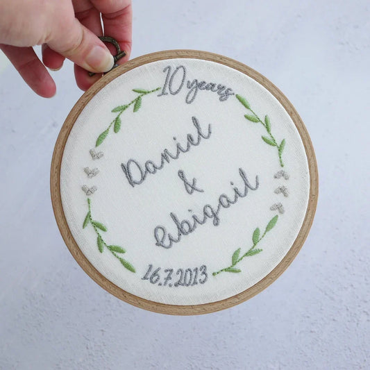 10th Wedding Anniversary Personalised Embroidered Hoop