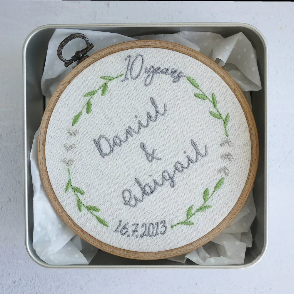 10th Wedding Anniversary Personalised Embroidered Hoop