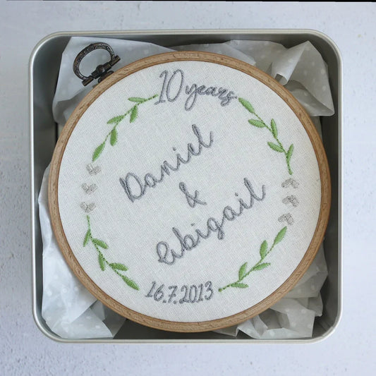 10th Wedding Anniversary Personalised Embroidered Hoop