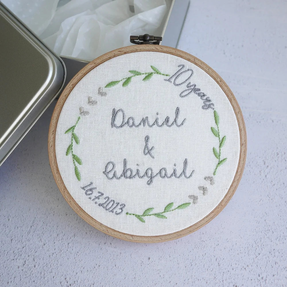 10th Wedding Anniversary Personalised Embroidered Hoop