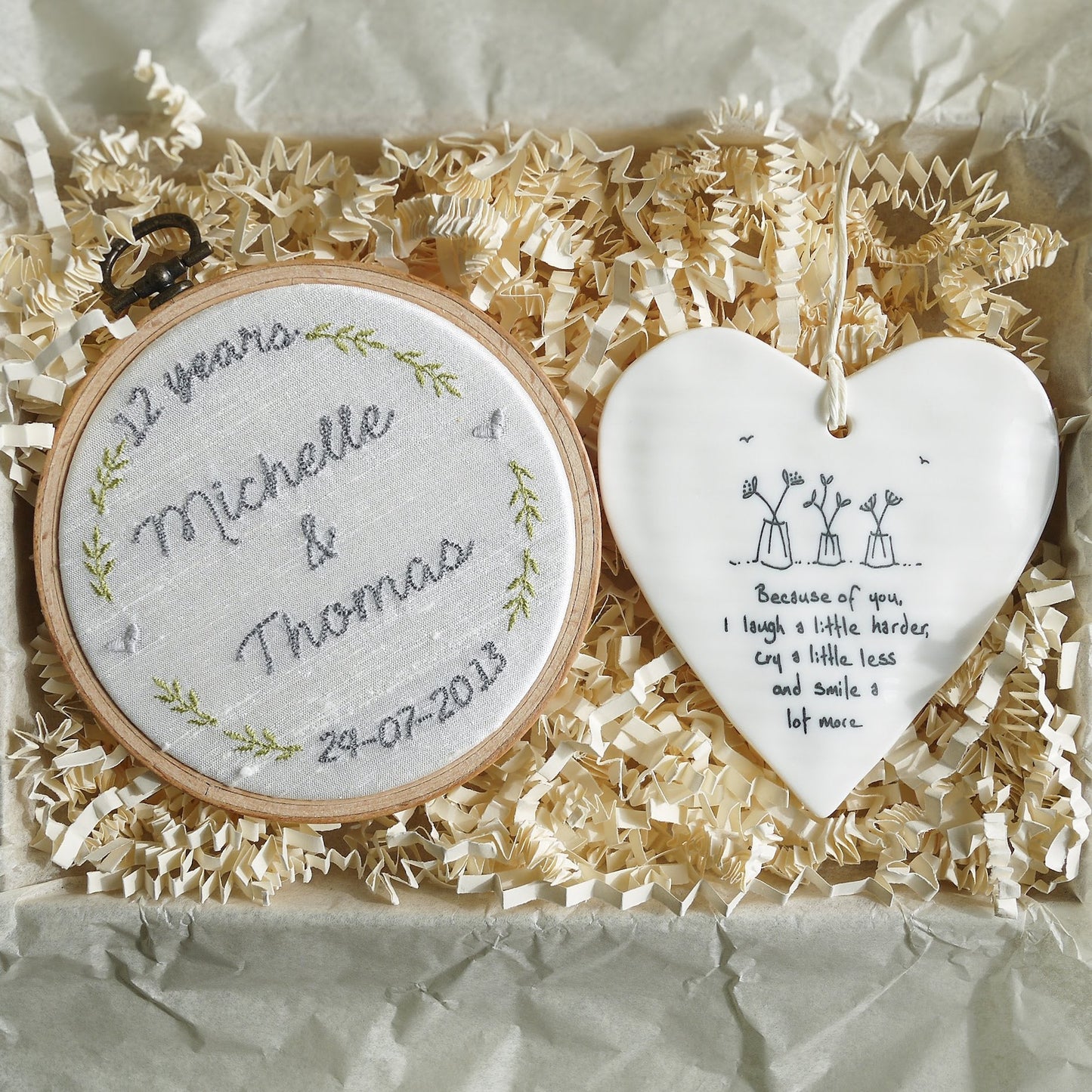 12th Anniversary Personalised Gift Embroidered Silk Hoop