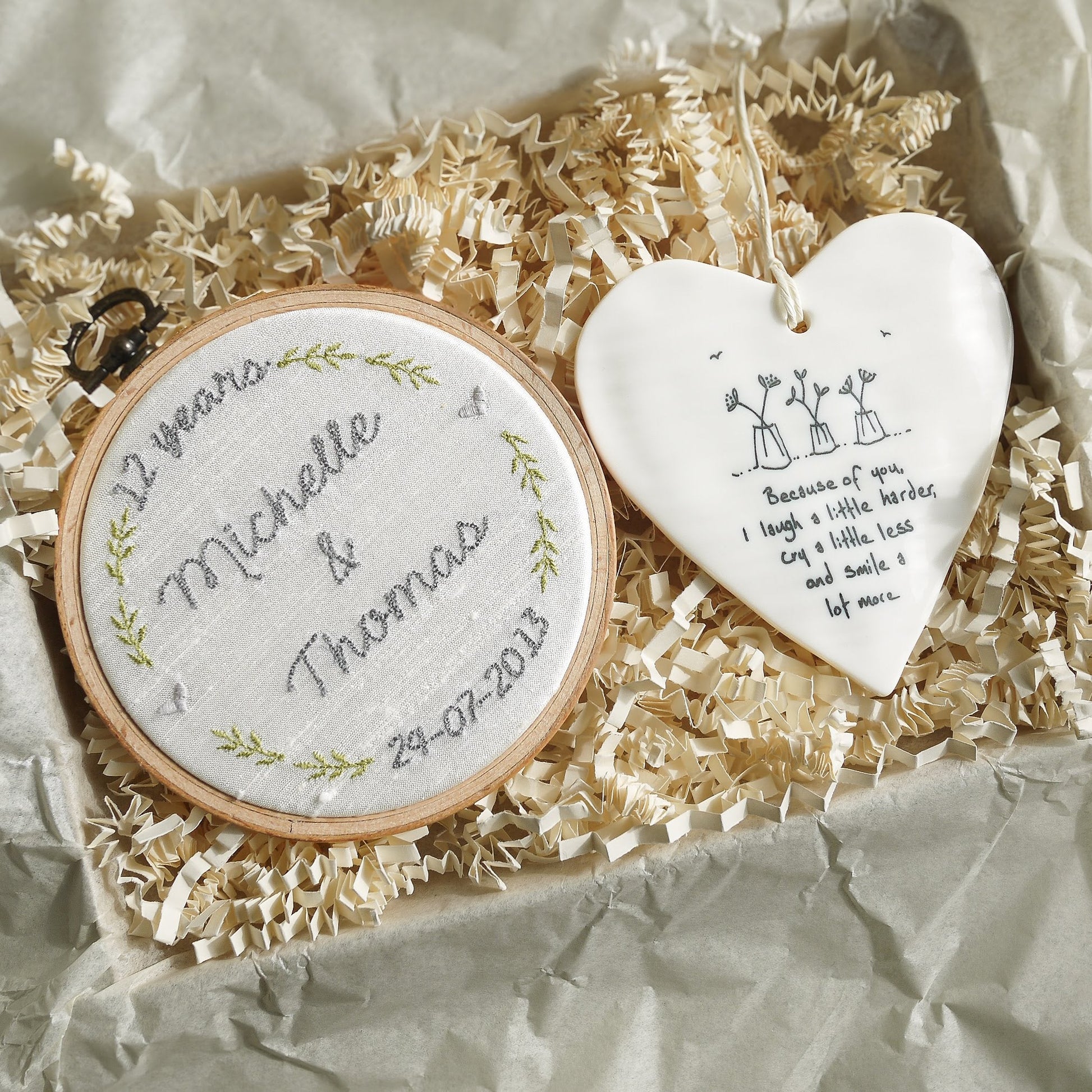 12th Anniversary Personalised Gift Embroidered Silk Hoop