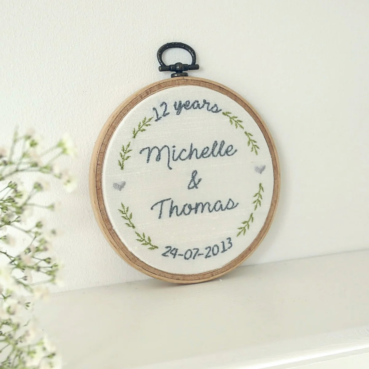 12th Anniversary Personalised Gift Embroidered Silk Hoop