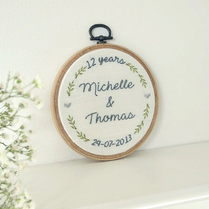 12th Anniversary Personalised Gift Embroidered Silk Hoop