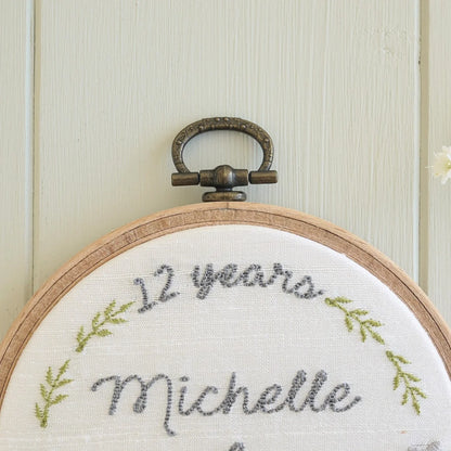12th Anniversary Personalised Gift Embroidered Silk Hoop