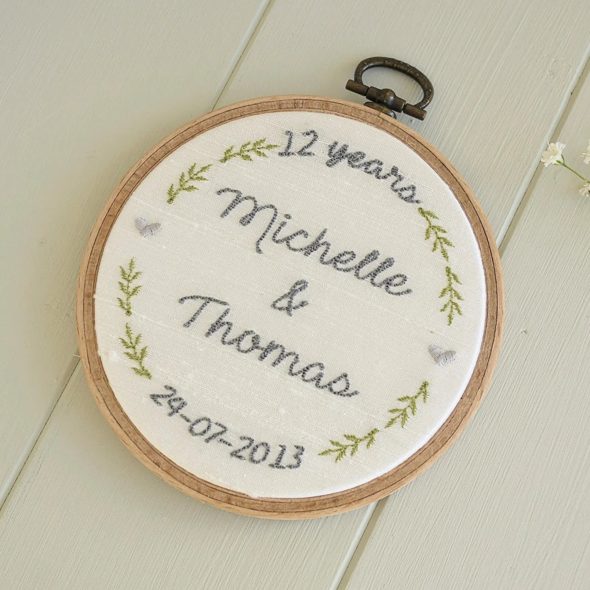 12th Anniversary Personalised Gift Embroidered Silk Hoop