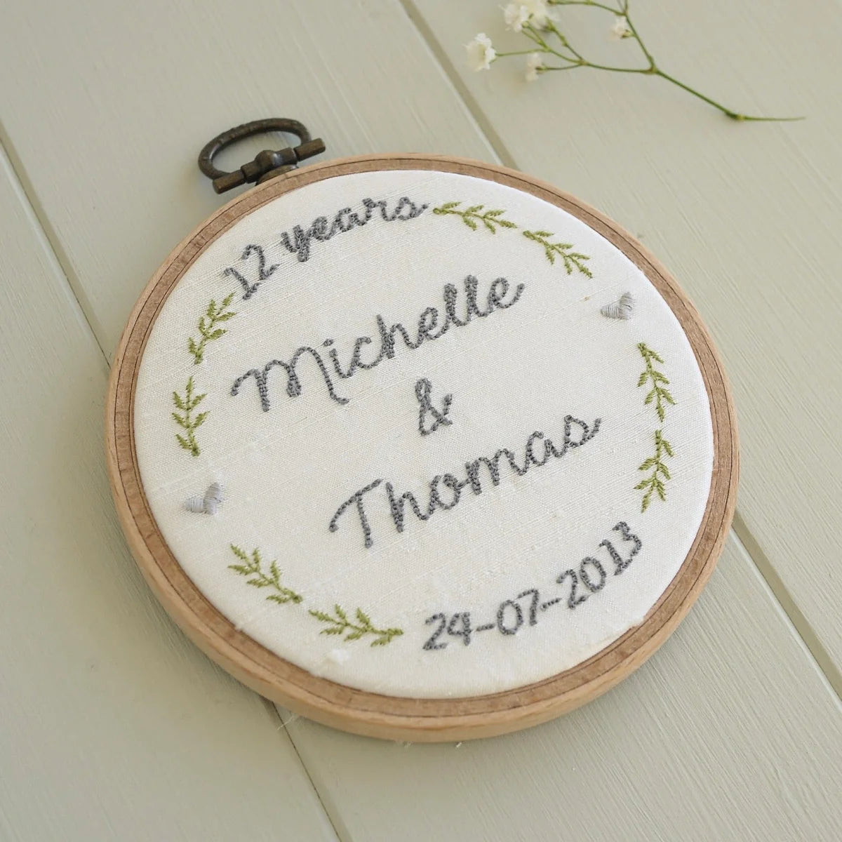12th Anniversary Personalised Gift Embroidered Silk Hoop