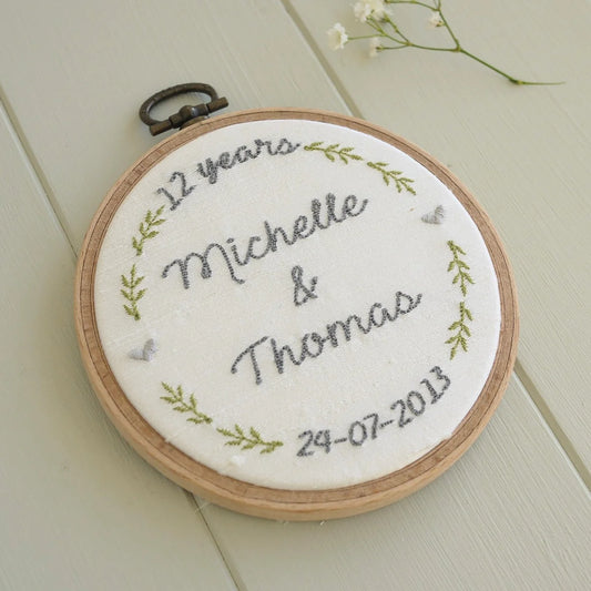 12th Anniversary Personalised Gift Embroidered Silk Hoop