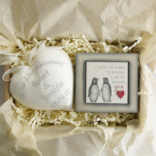 12th Anniversary Silk Gift Heart with Penguin Picture