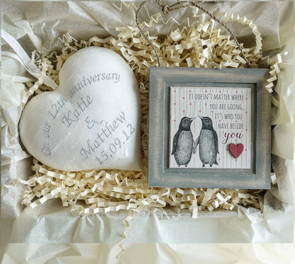 12th Silk Anniversary Gift Heart with Penguin Picture