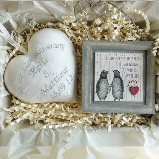 12th Silk Anniversary Gift Heart with Penguin Picture