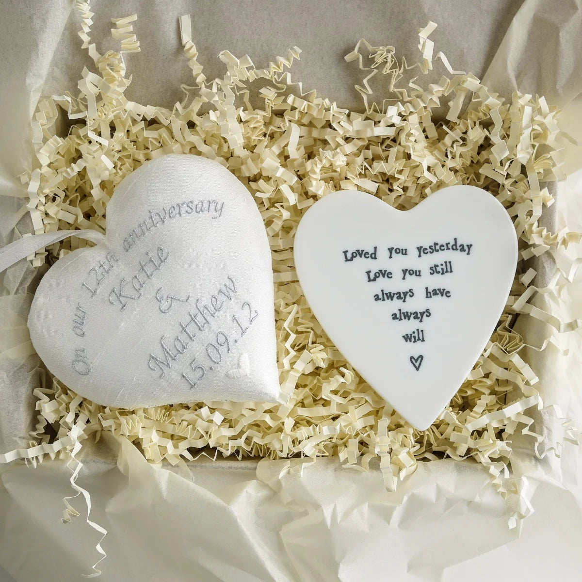 12th Silk Anniversary Gift Heart with Porcelain Coaster