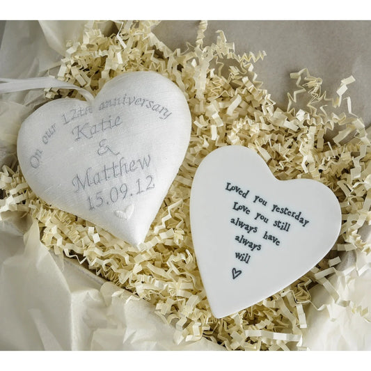 12th Silk Anniversary Gift Heart with Porcelain Coaster