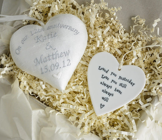 12th Silk Anniversary Gift Heart with Porcelain Heart