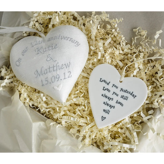 12th Silk Anniversary Gift Heart with Porcelain Heart