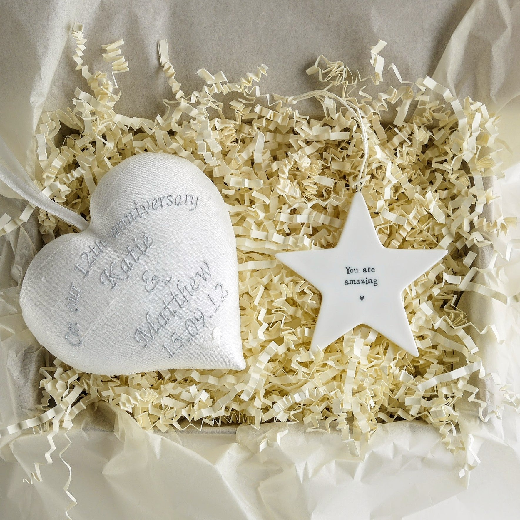 12th Silk Anniversary Gift Heart with Porcelain Star