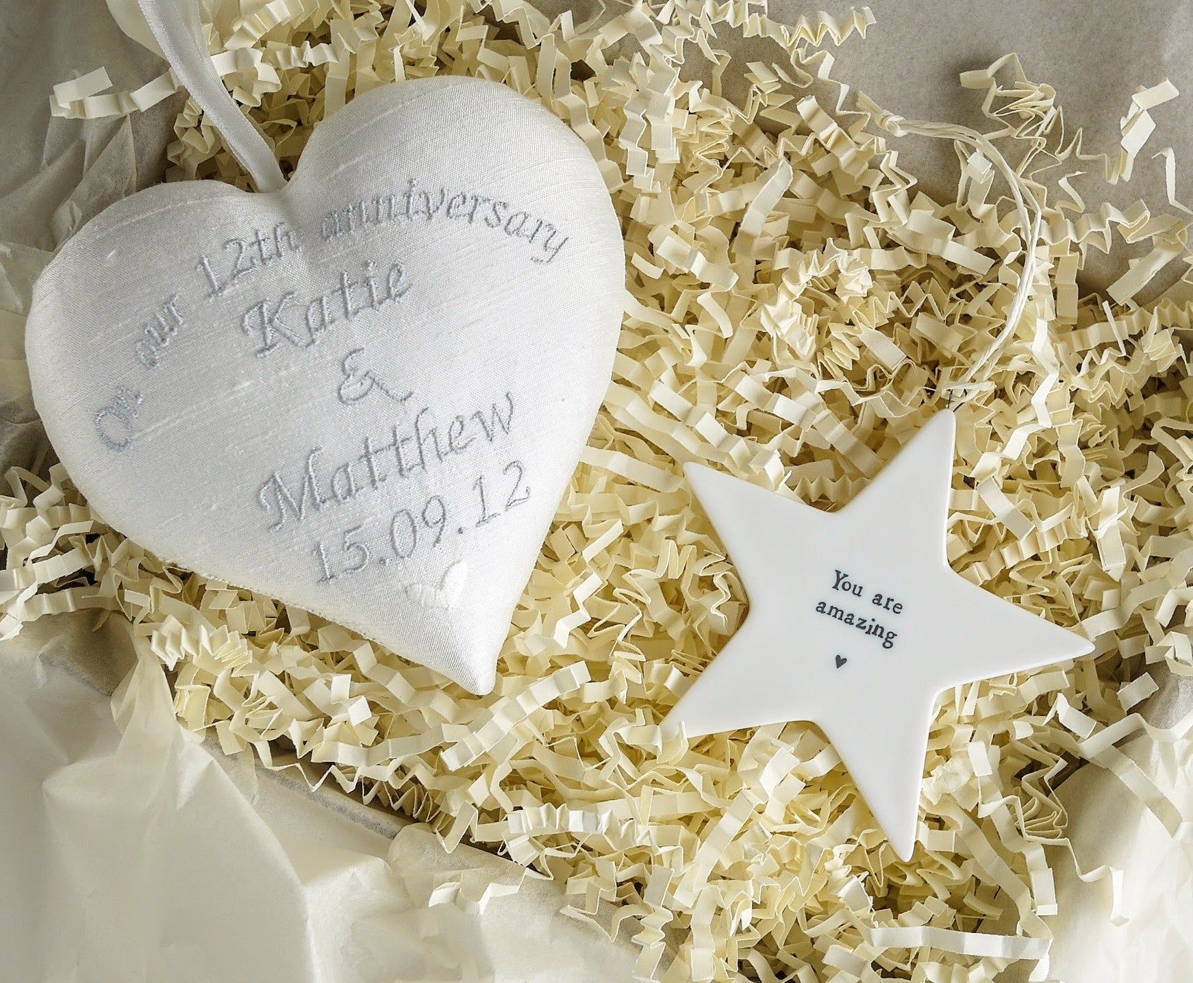 12th Silk Anniversary Gift Heart with Porcelain Star