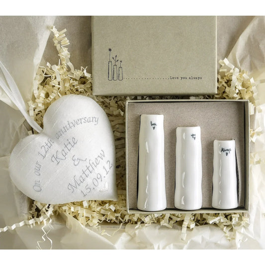 12th Silk Anniversary Gift Heart with Trio of Bud Vases
