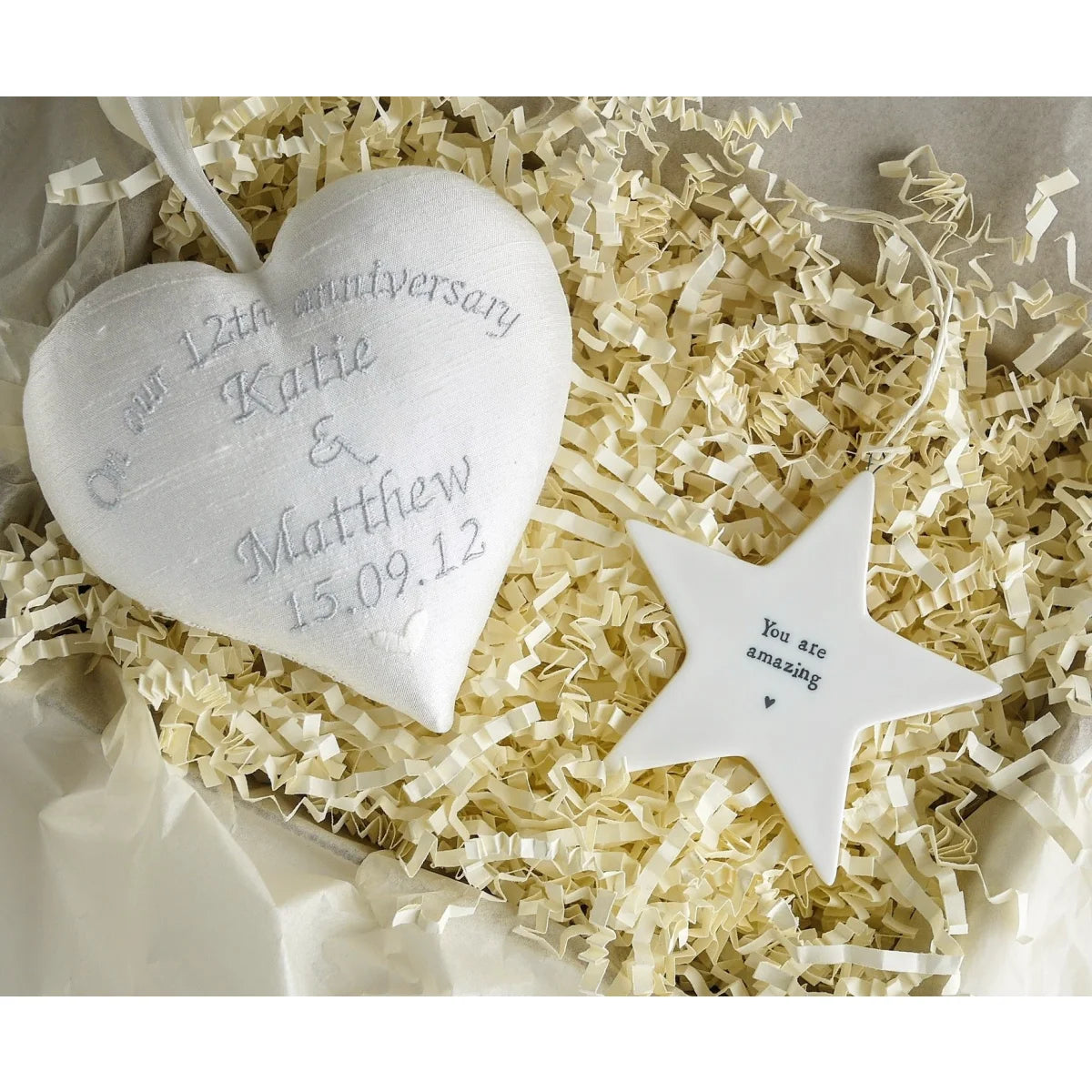 12th Silk Wedding Anniversary Gift Heart with Porcelain Star