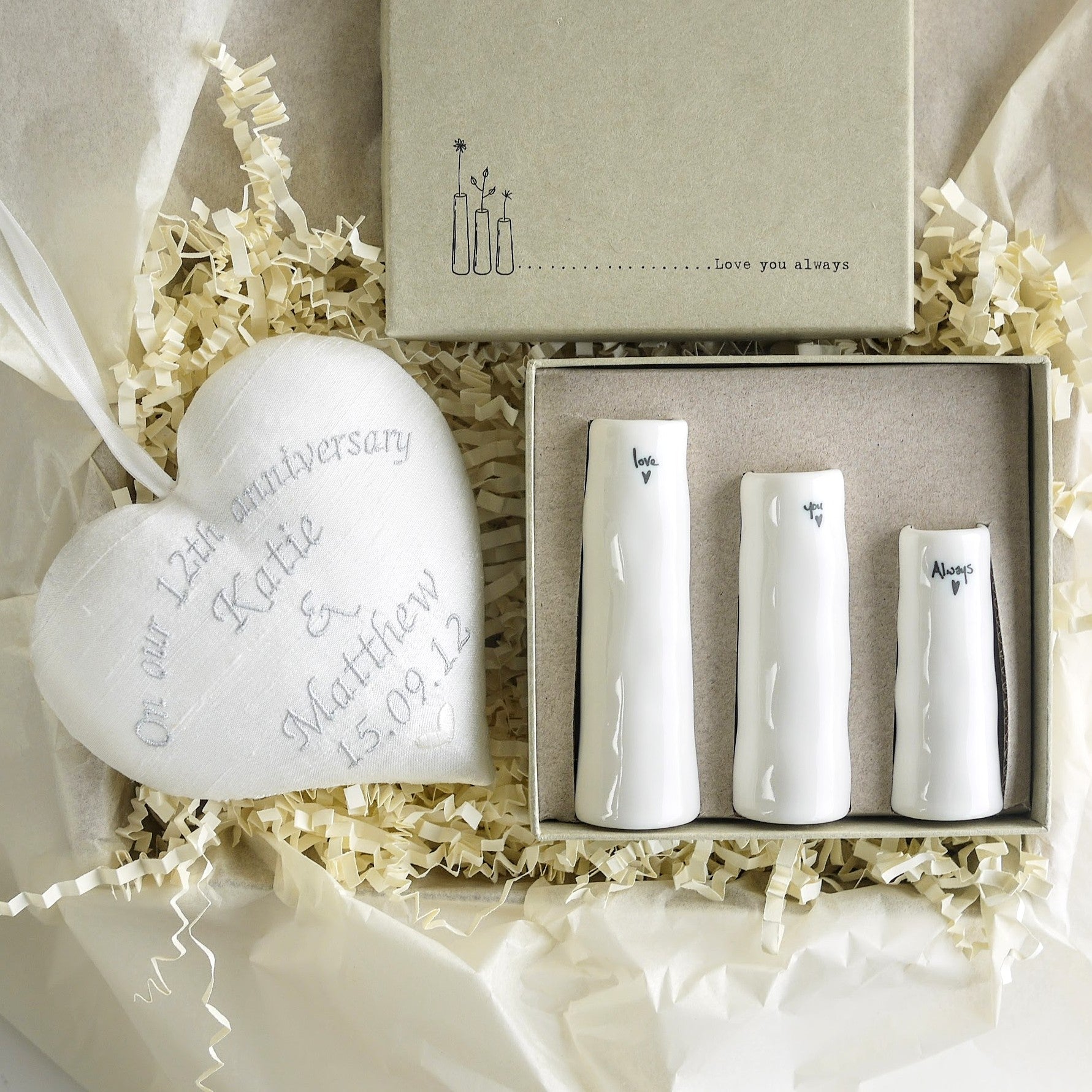 12th Silk Wedding Anniversary Gift Heart with Trio of Bud Vases