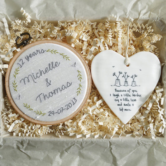 12th Silk Wedding Anniversary Personalised Gift - Embroidered Hoop with Porcelain Keepsake