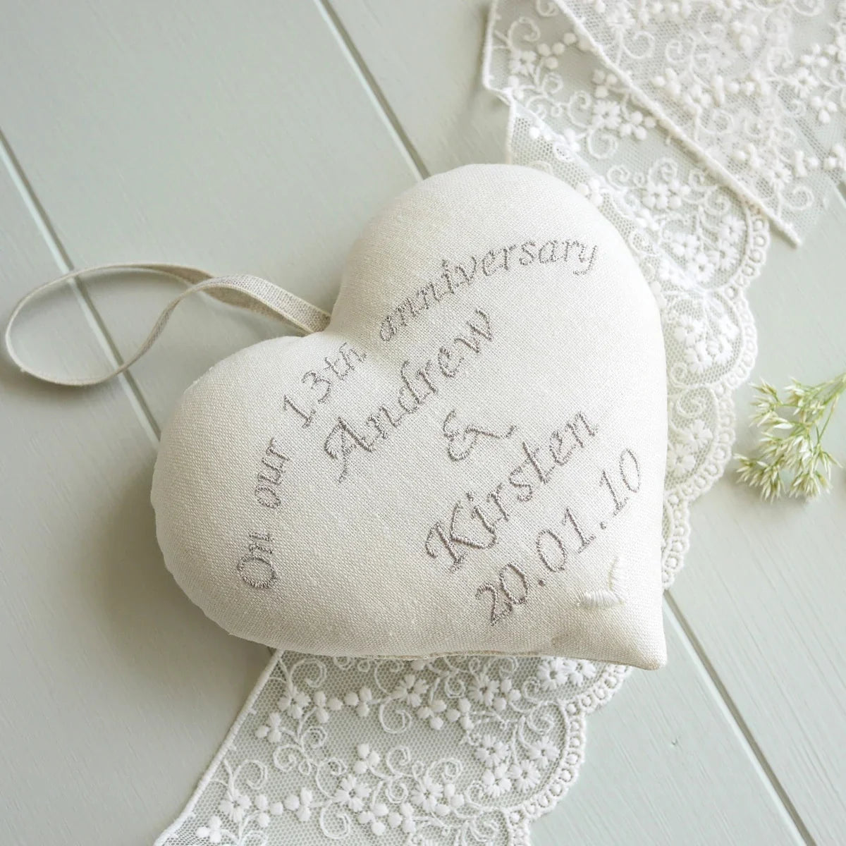 13th Anniversary Lace Embroidered Personalised Heart Gift
