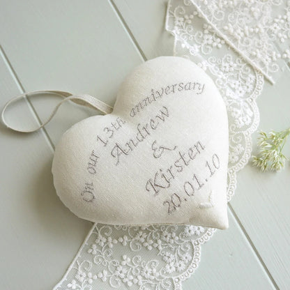 13th Anniversary Lace Embroidered Personalised Heart Gift