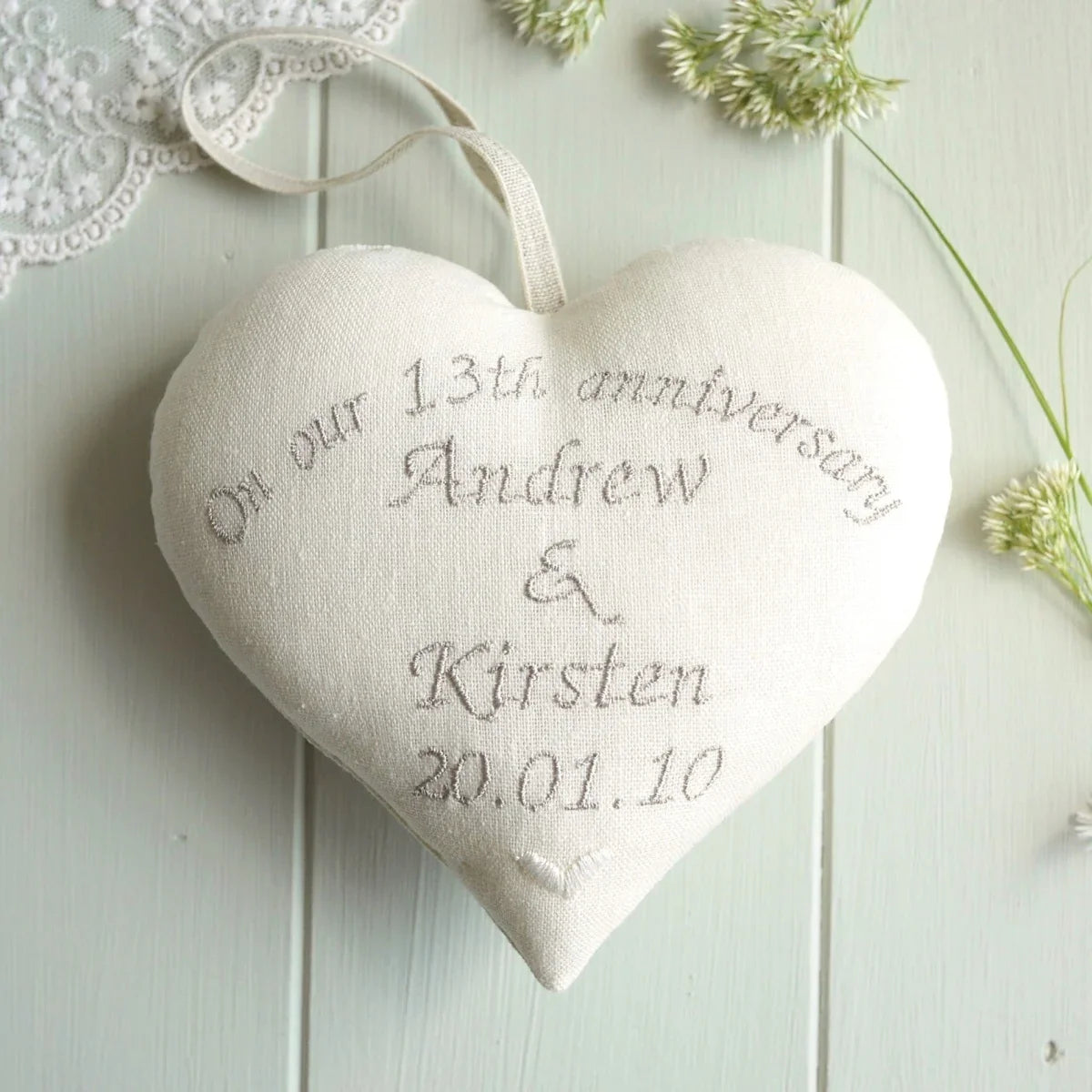 13th Anniversary Lace Embroidered Personalised Heart Gift