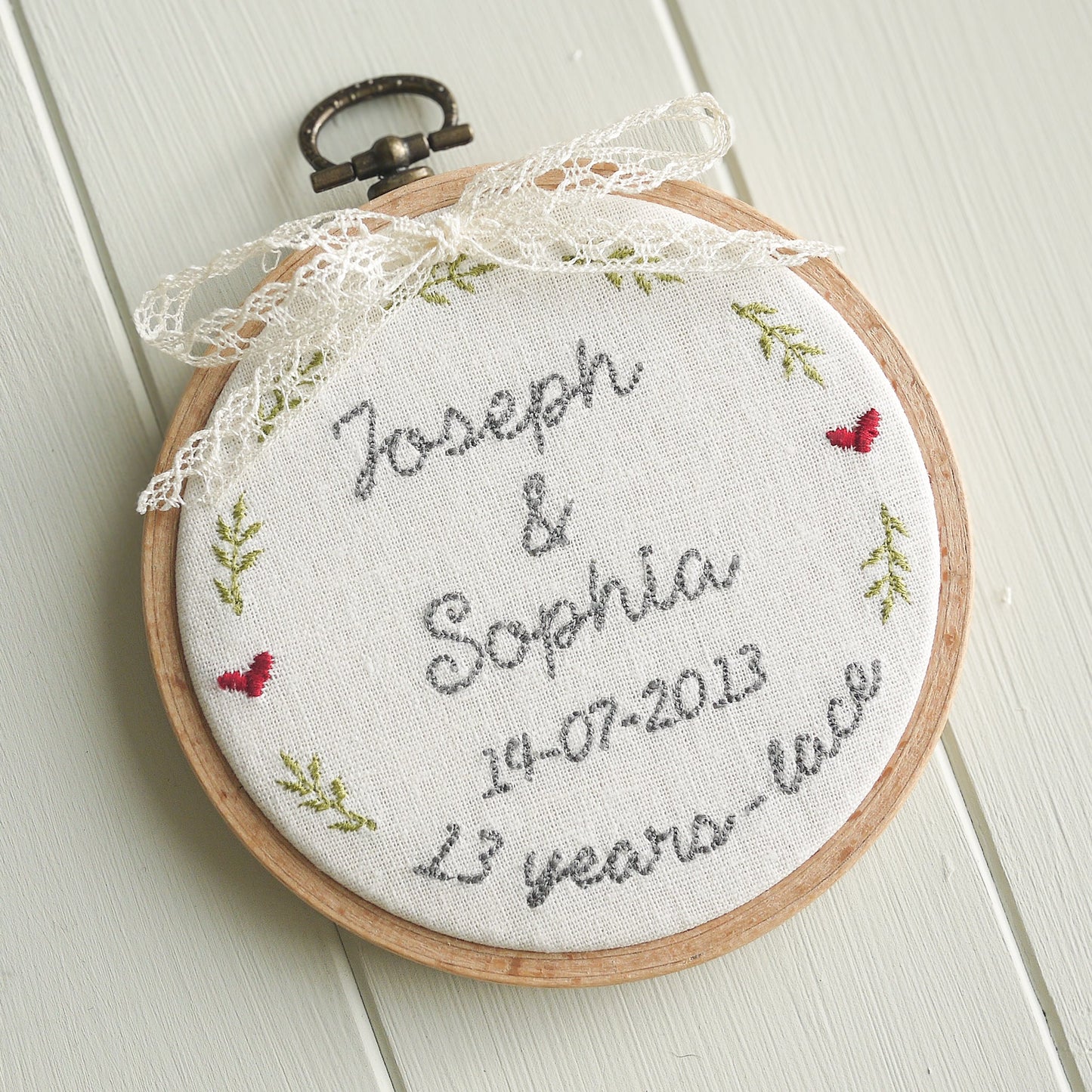 13th Anniversary Lace Personalised Gift Embroidered Hoop