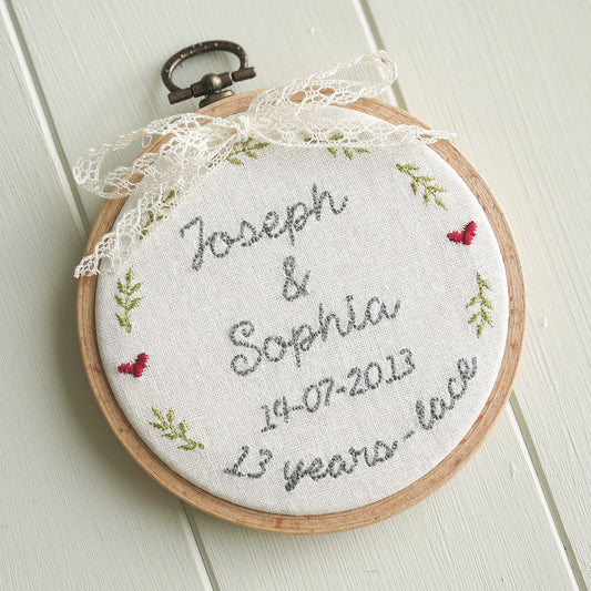 13th Anniversary Lace Personalised Gift Embroidered Hoop