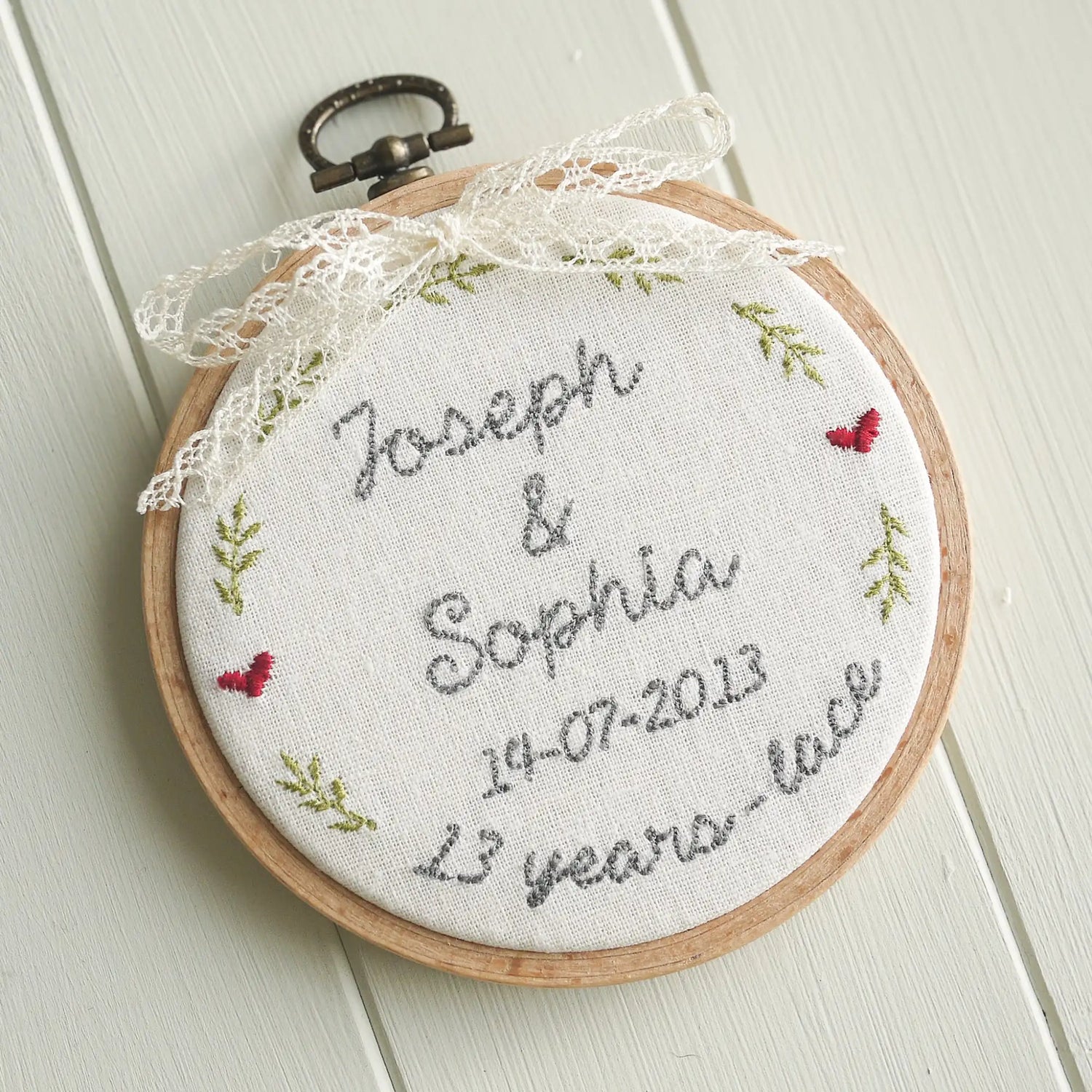 13th Anniversary Lace Personalised Gift Embroidered Hoop