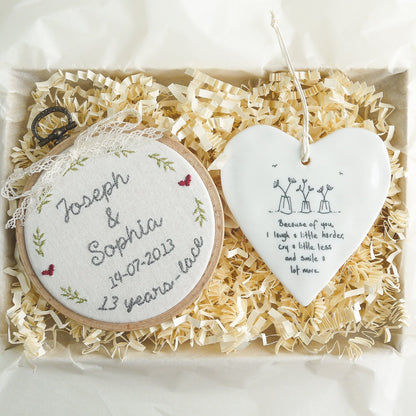 13th Anniversary Lace Personalised Gift Embroidered Hoop