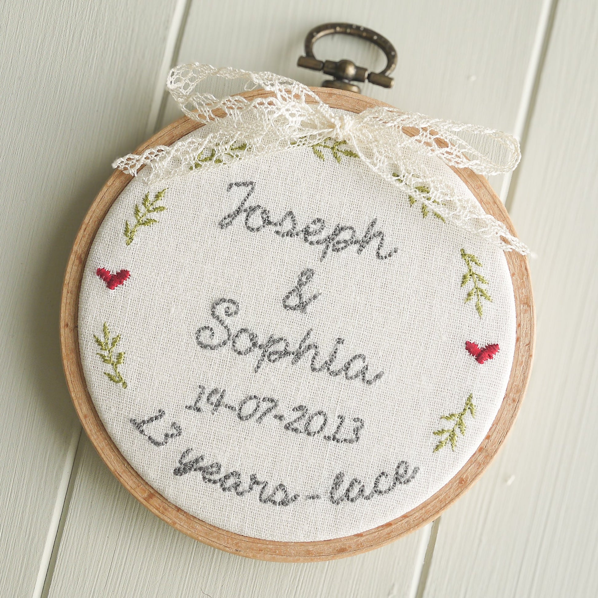 13th Anniversary Lace Personalised Gift Embroidered Hoop