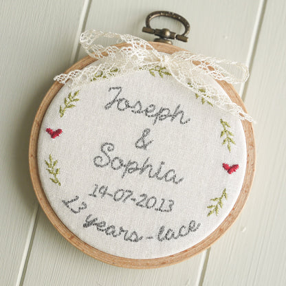 13th Anniversary Lace Personalised Gift Embroidered Hoop