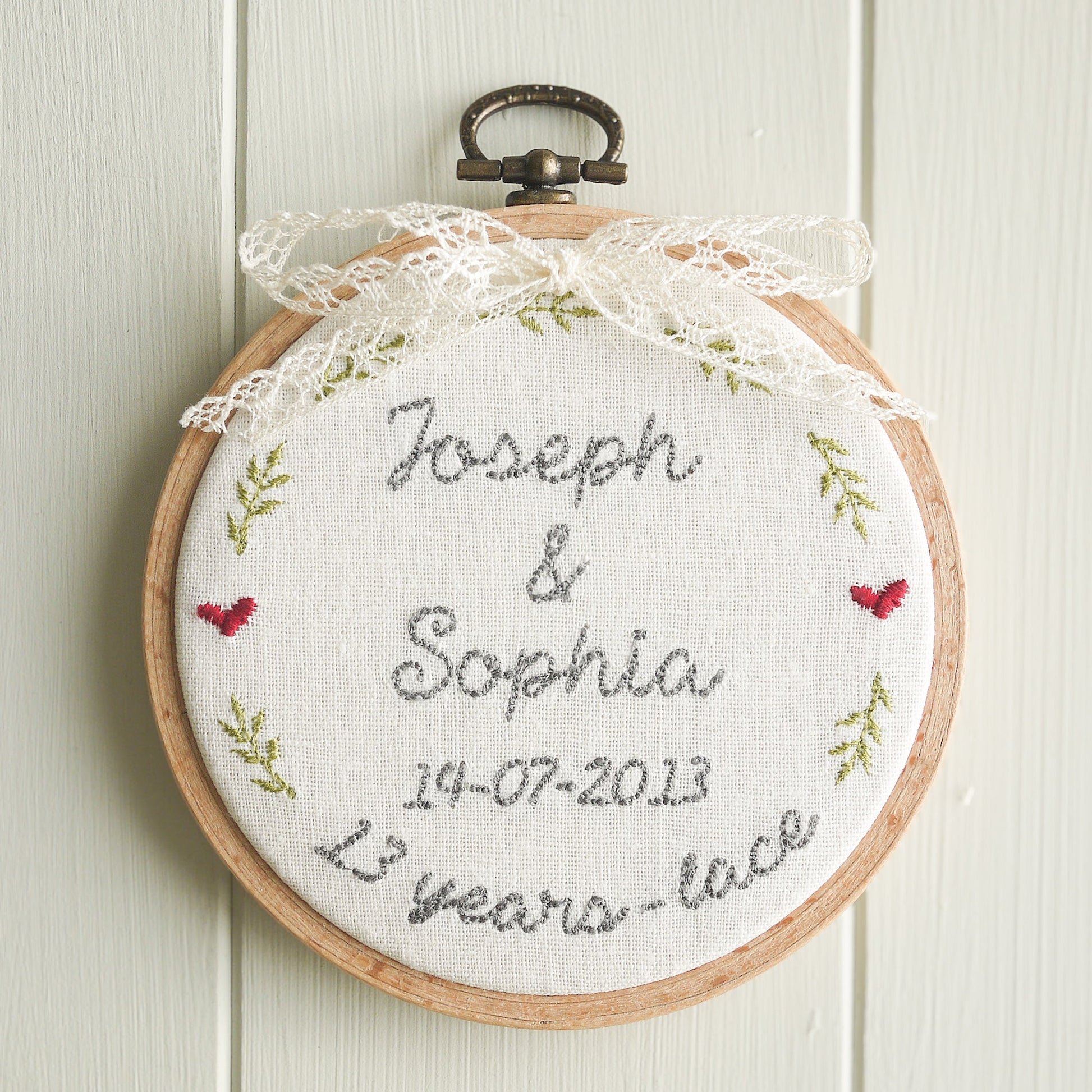 13th Anniversary Lace Personalised Gift Embroidered Hoop