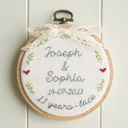 13th Anniversary Lace Personalised Gift Embroidered Hoop