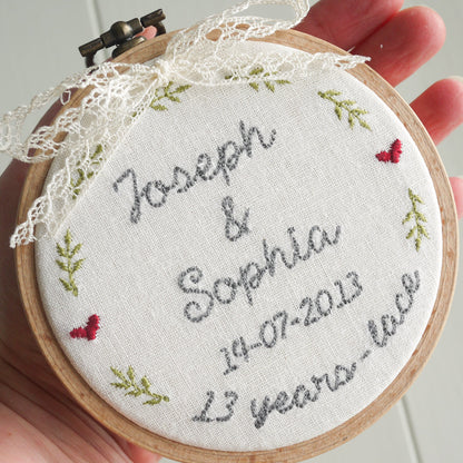13th Anniversary Lace Personalised Gift Embroidered Hoop
