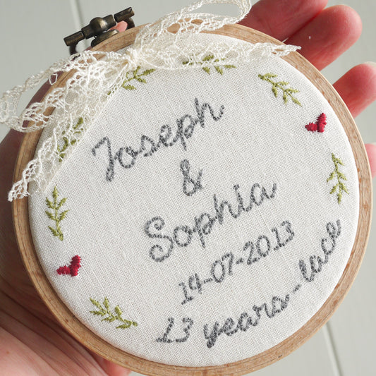 13th Anniversary Lace Personalised Gift Embroidered Hoop