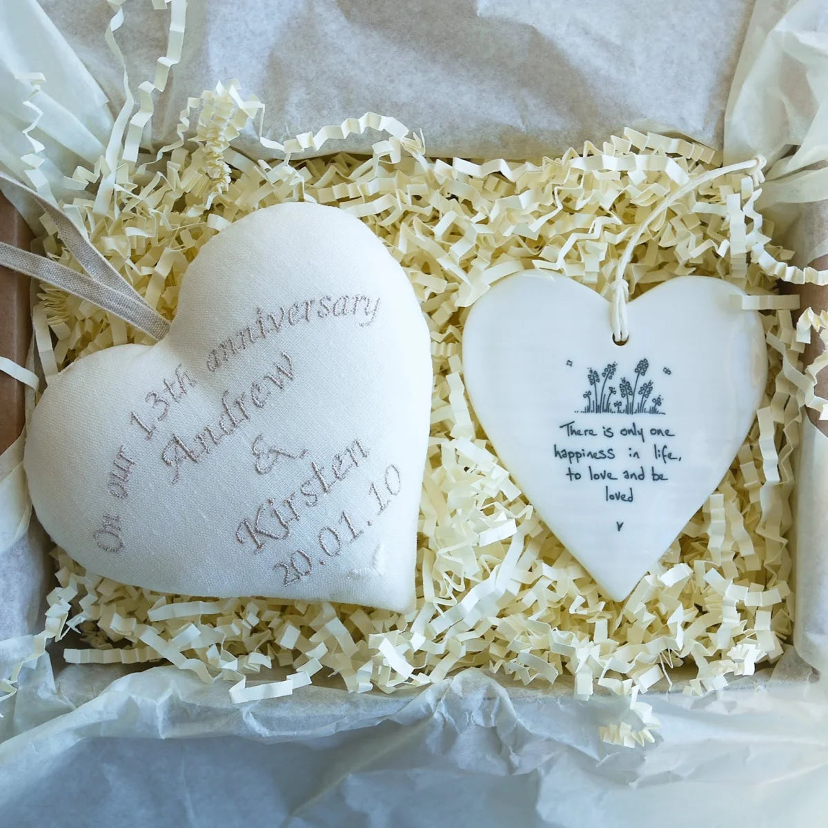 13th Anniversary Personalised Gift Heart with Porcelain Heart Ornament